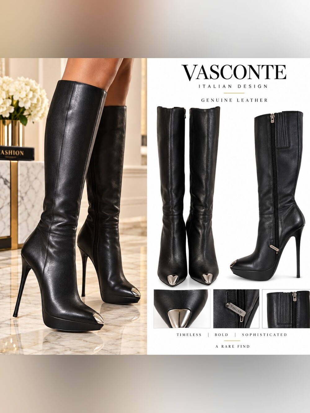 Vasconte Black Leather High-Stiletto Knee Boots - Size: EU 37 / Approx. US 6.5-7